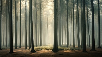  a forest filled with lots of tall trees covered in fog.  generative ai