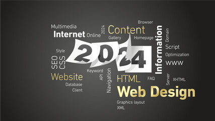Web Design New Year 2024 shining golden white word cloud text with white calendar 2024 pages black board background
