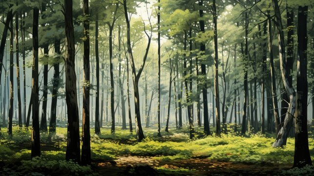  a painting of a forest filled with lots of trees and grass.  generative ai