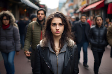 Fototapeta premium Portrait of beautiful young woman standing on city street among people