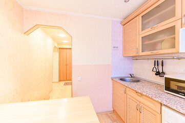 interior apartment kitchen and dining room, refectory area, cooking equipment, table furniture, stove