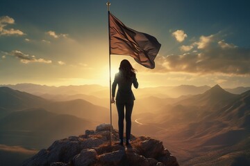 Businesswoman with orange flag standing on mountain top, Leadership and victory concept