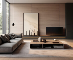 Ein luxuriöser Wohnbereich in einem schönen, hellen, modernen Haus im skandinavischen Stil, generative AI