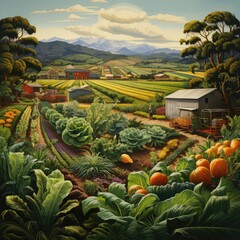 Lush Organic Farm Landscape at Sunrise