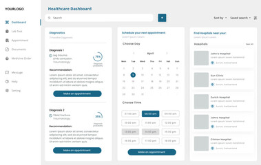 Healthcare, Medical Diagnosis, Find Hospital, Schedule Appointment Clinic Dashboard UI Kit Template