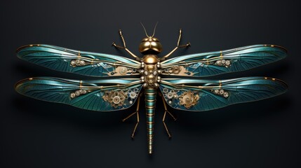  a blue and gold dragonfly with gears on it's wings.  generative ai - obrazy, fototapety, plakaty