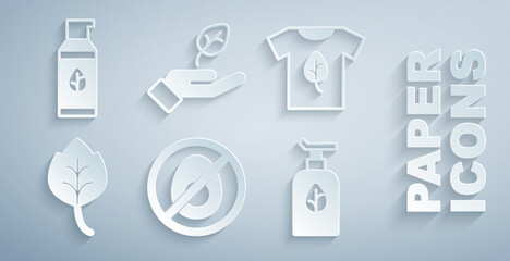 Set No meat, Vegan shirt, Leaf or leaves, Organic cosmetic, Plant in hand and icon. Vector