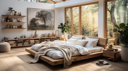 interior design for homes, bedroom decor. Bohemian Mid-Century Modern design featuring a brass and wood-decorated gallery wall. .