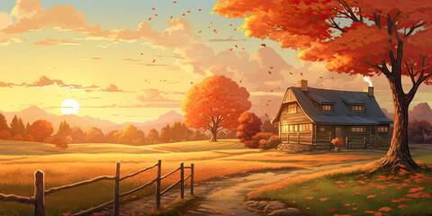 Autumn Farmhouse Landscape Illustration  - obrazy, fototapety, plakaty
