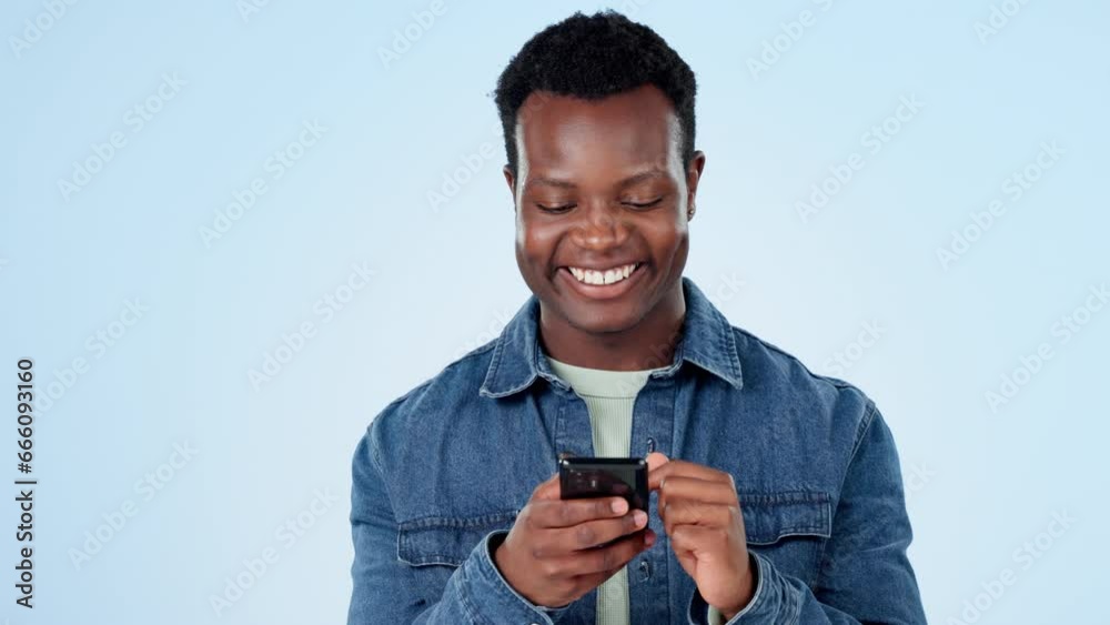 Sticker Happy black man, phone and laughing for funny joke, social media or meme on a studio blue background. African male person smile on mobile smartphone for fun research, chatting or texting on mockup