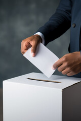 Man's hand putting white envelope into ballot box. Unrecognizable person exercising the right to vote. Concept of political decision and democracy.