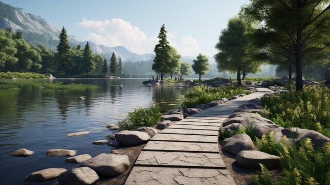  a path leading to a lake surrounded by rocks and trees.  generative ai