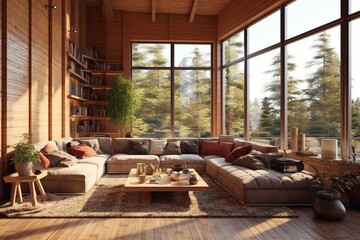 Stylish wooden living room with large windows allowing natural light to brighten the space. Generative AI