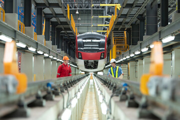 After the electric train is parked in the electric train repair shop, Electric train engineer and technician with tools inspect the railway and electric trains in accordance with the inspection round