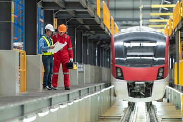After the electric train is parked in the electric train repair shop, Electric train engineer and technician with tools inspect the railway and electric trains in accordance with the inspection round - obrazy, fototapety, plakaty