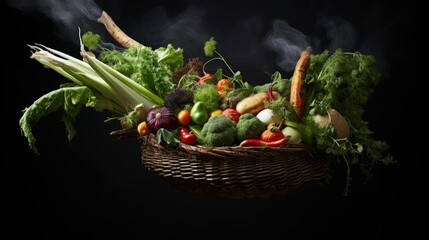  a wicker basket filled with lots of different types of vegetables.  generative ai