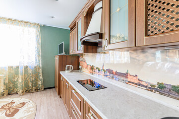 interior apartment kitchen and dining room, refectory area, cooking equipment, table furniture, stove