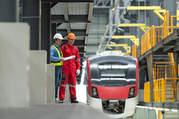 After the electric train is parked in the electric train repair shop, Electric train engineer and technician with tools inspect the railway and electric trains in accordance with the inspection round