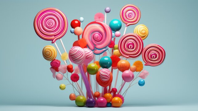  a bunch of candy lollipops on a blue background.  generative ai