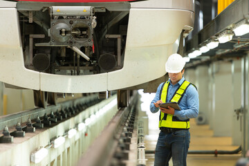 After the electric train is parked in the electric train's repair shop, the electric train engineer inspects the electric train engine at the front of the procession
