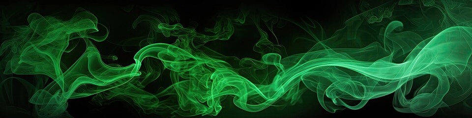 Green Smoke On Black Background Art. Panoramic Banner