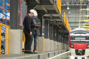 Full length portrait of two male supervisor using a digital tablet to discuss maintenance of the electric skytrain system. In the train repair shop