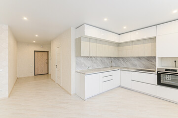 interior apartment kitchen and dining room, refectory area, cooking equipment, table furniture, stove