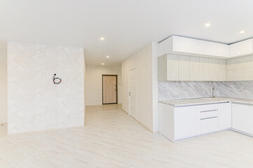 Fototapeta premium interior apartment kitchen and dining room, refectory area, cooking equipment, table furniture, stove