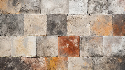 Fototapeta premium Wall decoration with multicolored square and rectangular flat stones. Rustic style. Full frame.