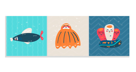 Set of  Undersea animals and plants, vector illustration,simple childish design