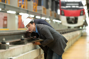 Two businessmen inspect rail work to reserve equipment for use in repairing tracks and machinery of the electric train transportation system.