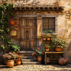 Fototapeta na wymiar Old ancient wooden door and window with shutters on facade of old Italian house. Scenic original and colorful view of antique window with flower pots in old city. Atmosphere of tranquility. Copy space