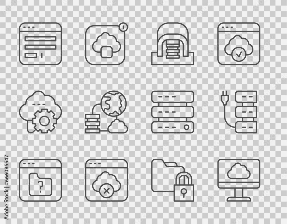 Poster set line file missing, cloud technology data transfer, hangar with servers, failed access cloud stor