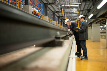 Obraz premium Two businessmen inspect rail work to reserve equipment for use in repairing tracks and machinery of the electric train transportation system.