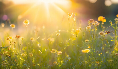 Obraz na płótnie Canvas Sunset on the meadow with dandelions, shallow depth of field. Abstract summer nature background