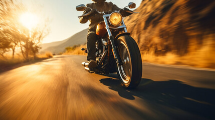 Custom motorbike biker rider on blurred country road