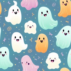 Green Cute ghost Halloween Seamless Pattern