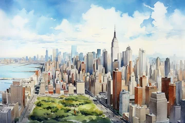 Fotobehang Aquarelschilderij wolkenkrabber  Panoramic aerial view of Manhattan's midtown with skyscrapers against a blue sky, depicted in a digital watercolor painting. Generative AI