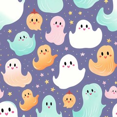 Dark Purple Cute ghost Halloween Seamless Pattern