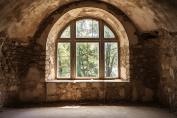 Arched window in a crumbling brick room, overlooking serene trees.