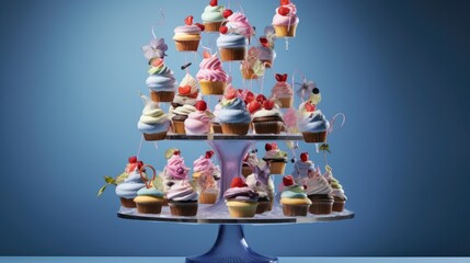  a tower of cupcakes with frosting and toppings.  generative ai