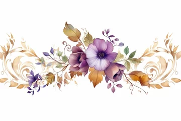 Foto op Canvas Watercolor border with green and gold leaves, purple flowers, and branches on a white background. Generative AI © Thessaly