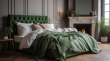 Green upholstered bed in a bedroom with a fireplace.