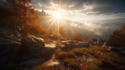 Sun is shining on a rocky mountainside.