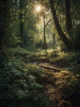 Image of a forest with sunlight shining through the trees.