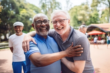Multiracial senior people having fun, hugging each other after sport workout at city park. Healthy lifestyle and joyful elderly lifestyle concept