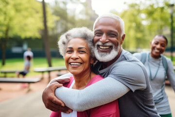 Multiracial senior people having fun, hugging each other after sport workout at city park. Healthy lifestyle and joyful elderly lifestyle concept - Powered by Adobe