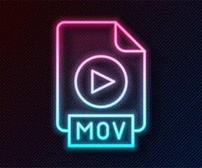 Glowing neon line MOV file document. Download mov button icon isolated on black background. MOV file symbol. Audio and video collection. Vector