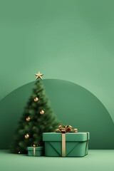 Abstract mockup scene with Christmas tree, gold ball decoration, gift box with gold ribbon for show cosmetic product display. Winter green background, stage pedestal or platform 3d render