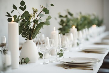 Minimalist white and green tablescape with eucalyptus in vase and candles